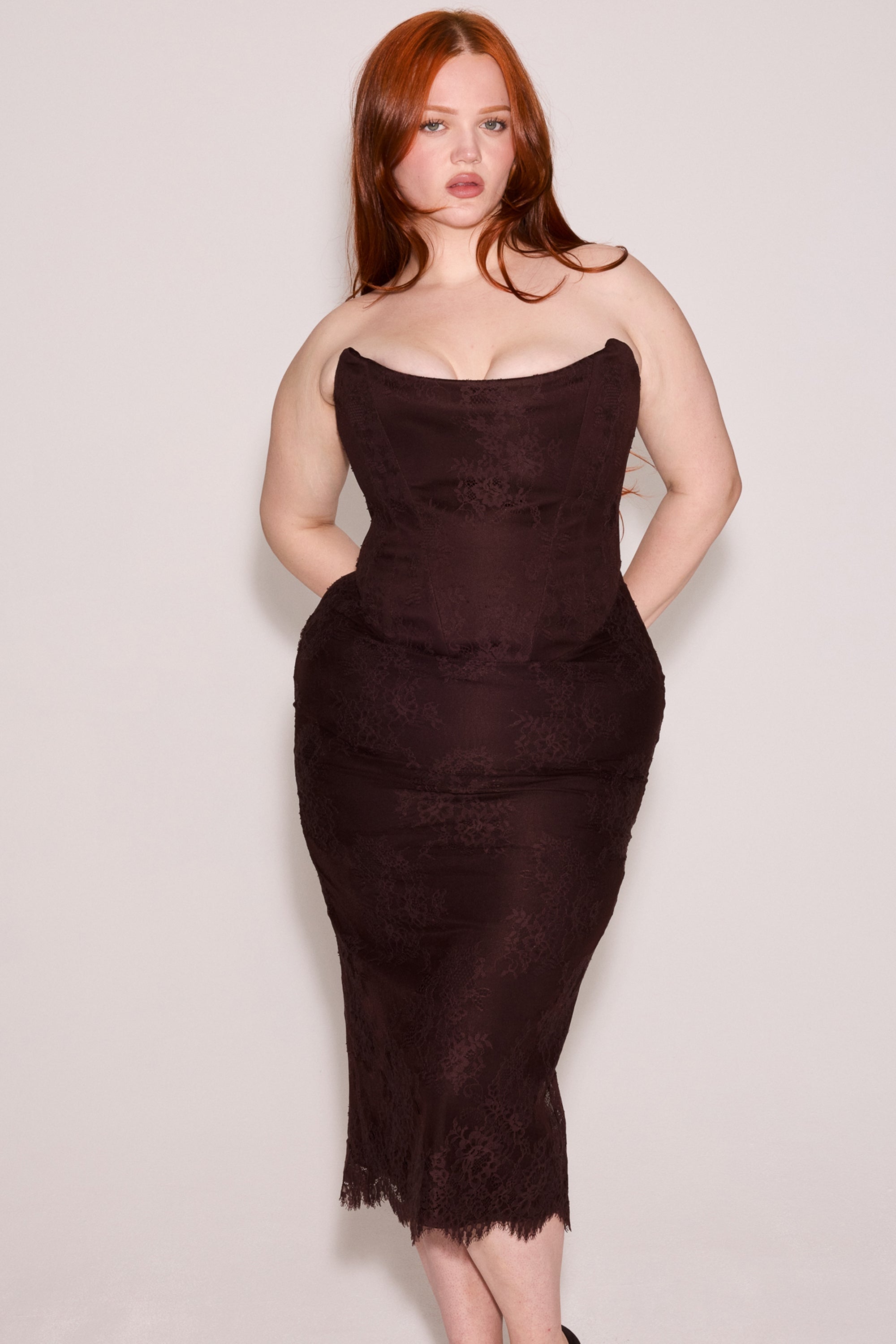 bitter chocolate lace corset midi dress & bolero
