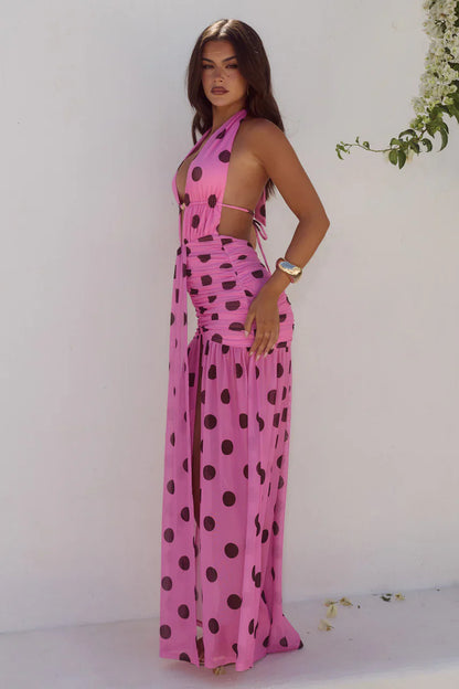 ADRIANNA PLUNGE RUCHED MAXI DRESS - MUSK/CHOC POLKA