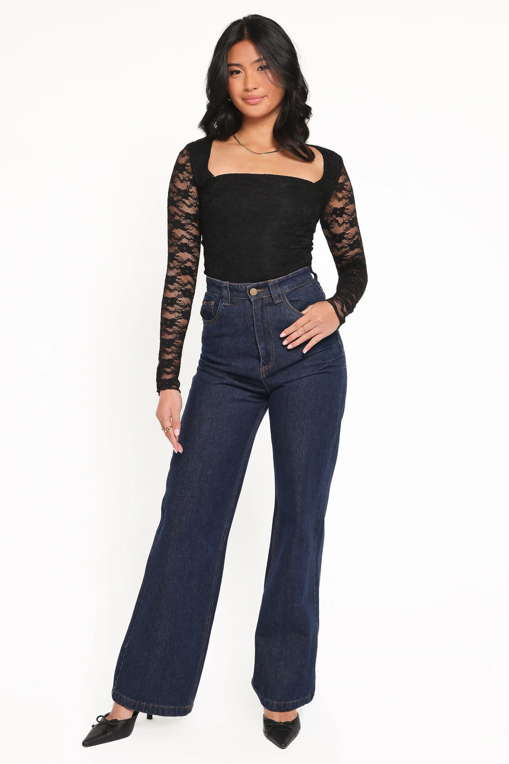 Skyler Square Neck Stretch Lace Top - Black