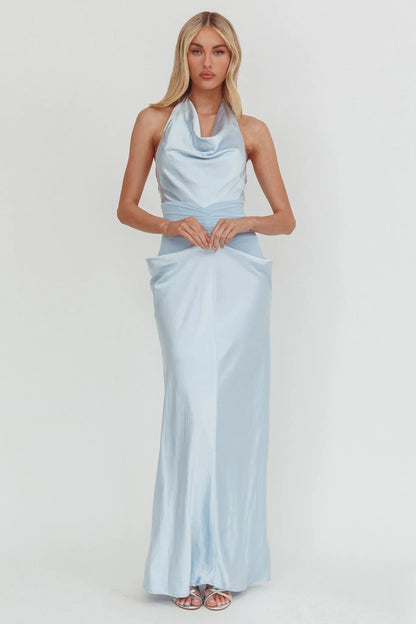 Zynthia Cowl Neck Ruched Waist Maxi Dress Ice Blue