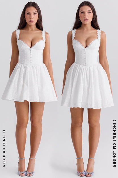 white cotton broderie anglais corset mini dress