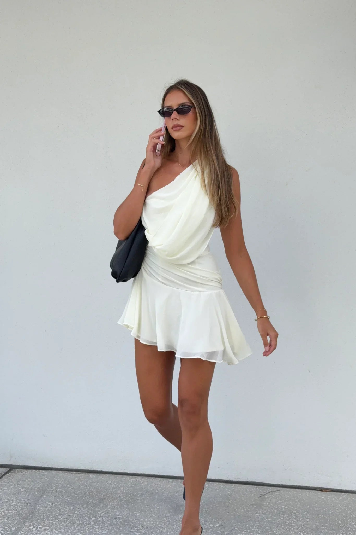 Anaisa One-Shoulder Draped Mini Dress Cream