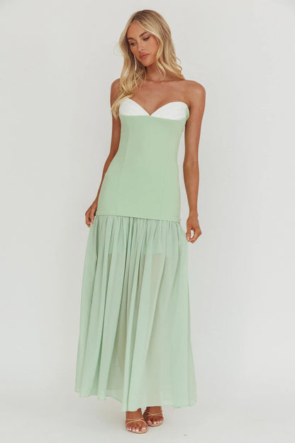 Unspoken Sweetheart Neckline Sheer Hem Maxi Dress Sage