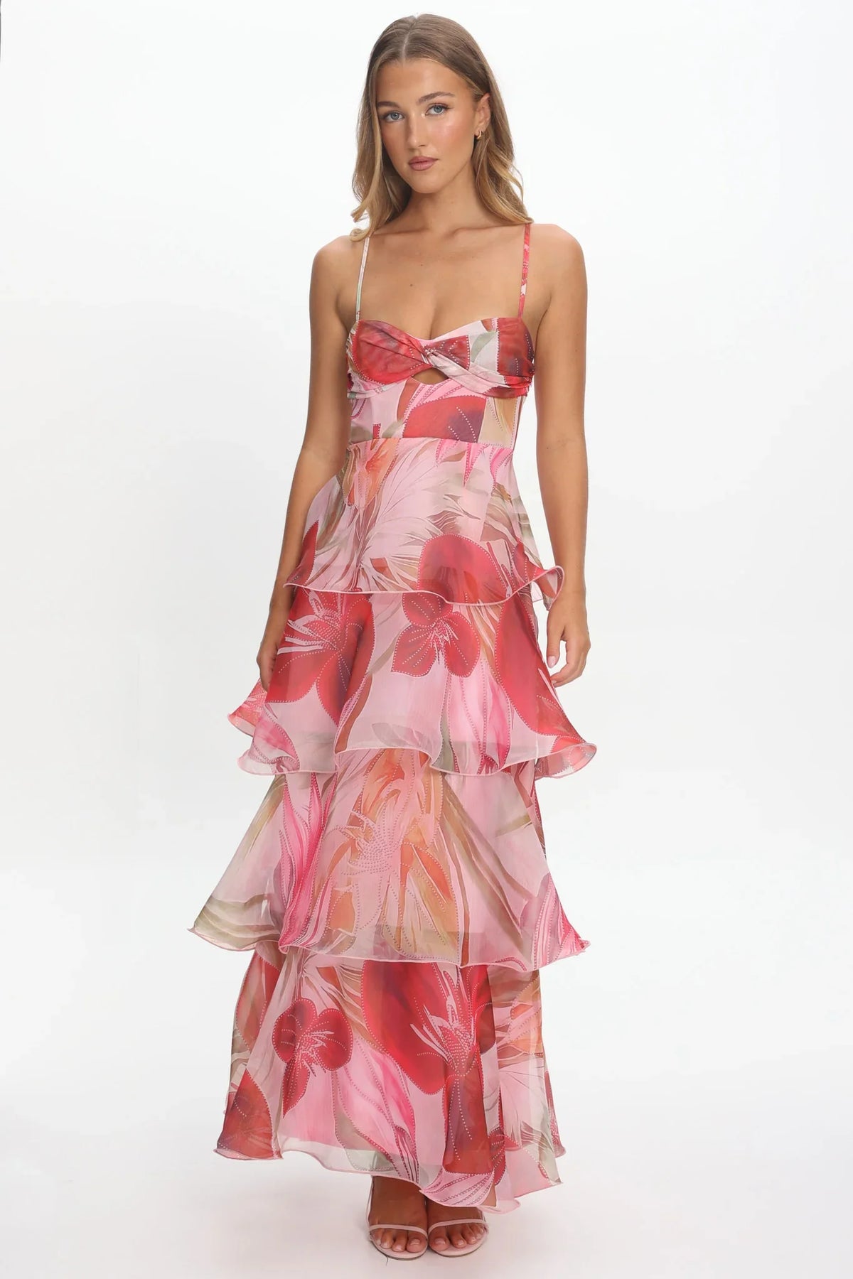 Varenna Layered Sweetheart Neckline Maxi Dress Print Red