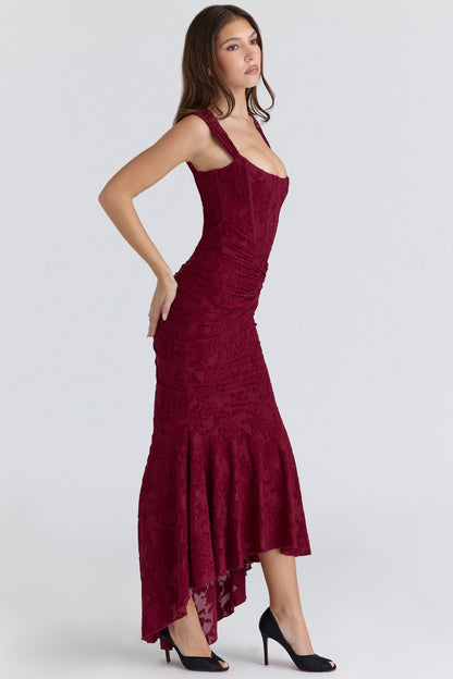 wine floral lace corset maxi dress