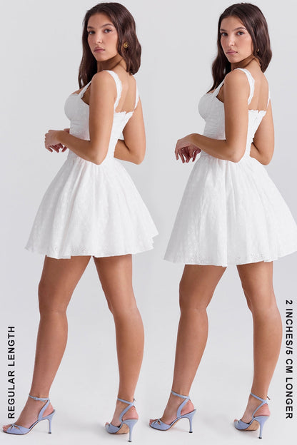 white cotton broderie anglais corset mini dress