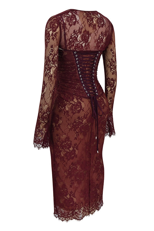 claret lace midi dress