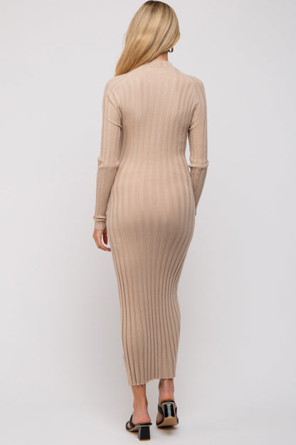Beige Ribbed Turtle Neck Maternity Midi Dress
