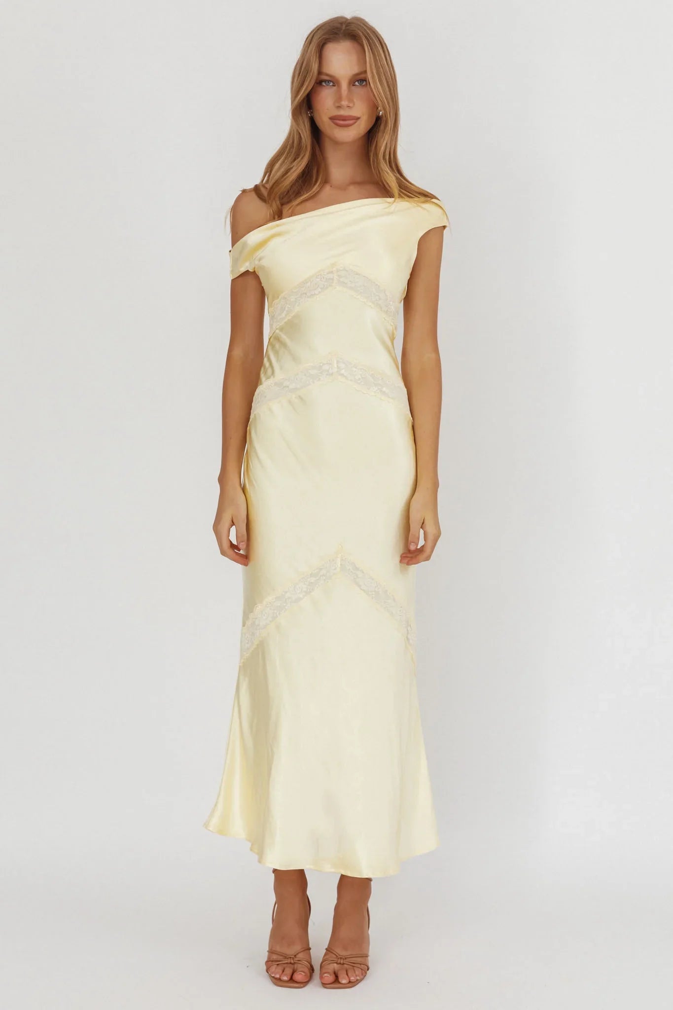 Revelation Off-Shoulder Lace Trim Maxi Dress Butter