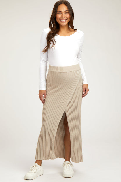 Beige Ribbed Knit Wrap Maternity Maxi Skirt