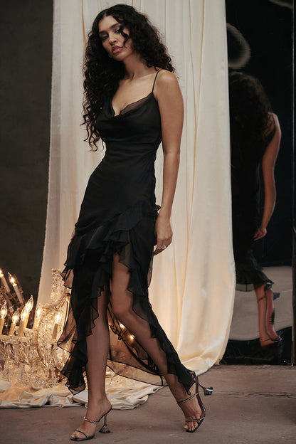 black ruffle maxi dress