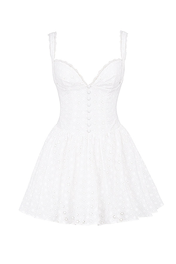 white cotton broderie anglais corset mini dress