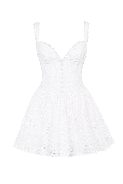 white cotton broderie anglais corset mini dress