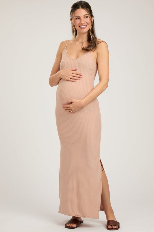 Beige Ribbed Side Slit Maternity Maxi Dress