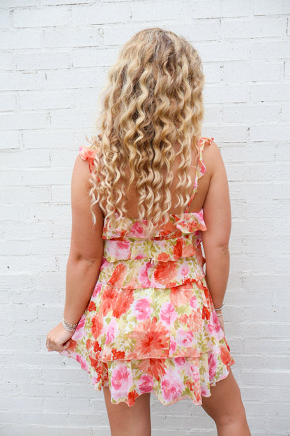 Coral Floral Chiffon Ruffle Skirt Set