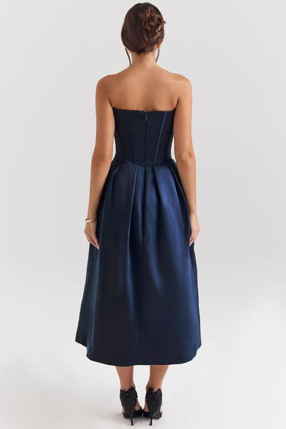 midnight blue strapless detachable bow midi dress