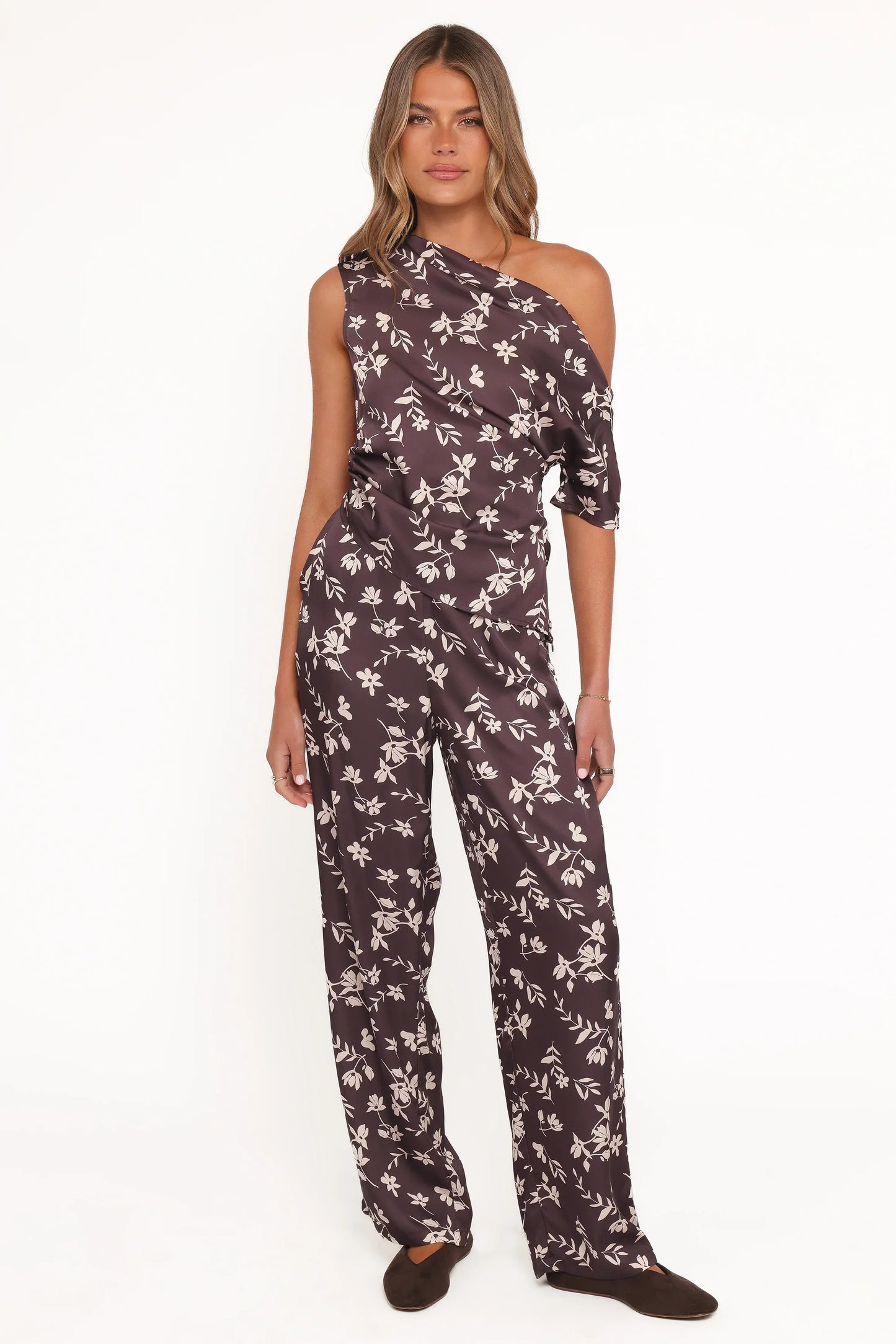 Romola Off Shoulder Top - Brown Cream Floral