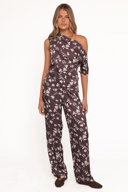 Romola Off Shoulder Top - Brown Cream Floral