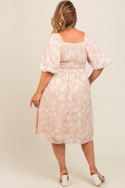Beige Floral Embroidered Short Puff Sleeve Maternity Plus Dress