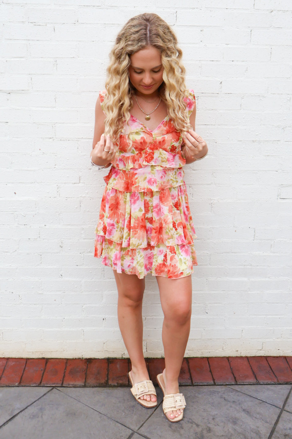 Coral Floral Chiffon Ruffle Skirt Set