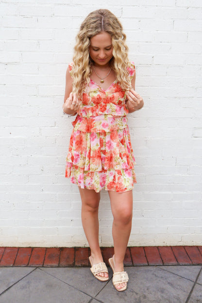 Coral Floral Chiffon Ruffle Skirt Set
