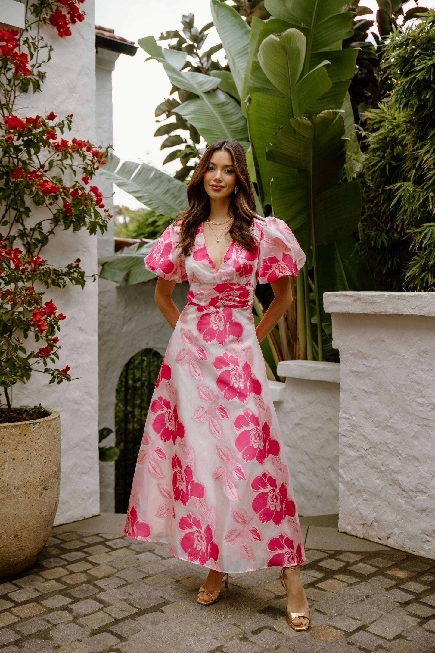 Abby Puffed Sleeve Pink Floral Maxi Dress