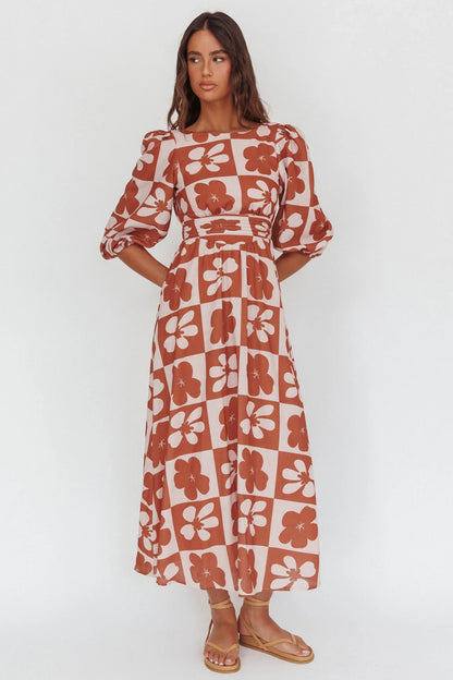 Transcendent Puff Sleeves Maxi Dress Floral Mocha
