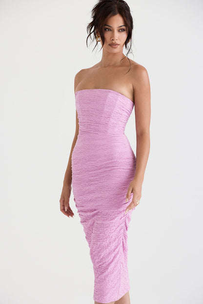 pink strapless corset midi dress