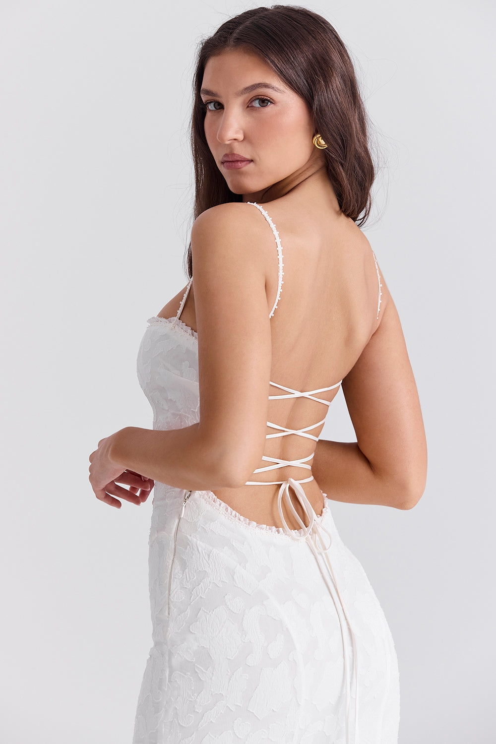 ivory lace up back maxi dress