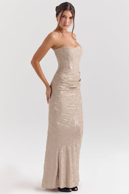 pale gold chiffon mesh strapless corset maxi dress