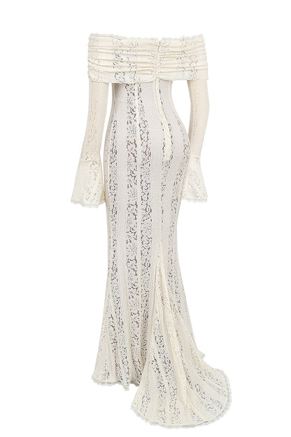 vintage cream floral lace off shoulder maxi dress