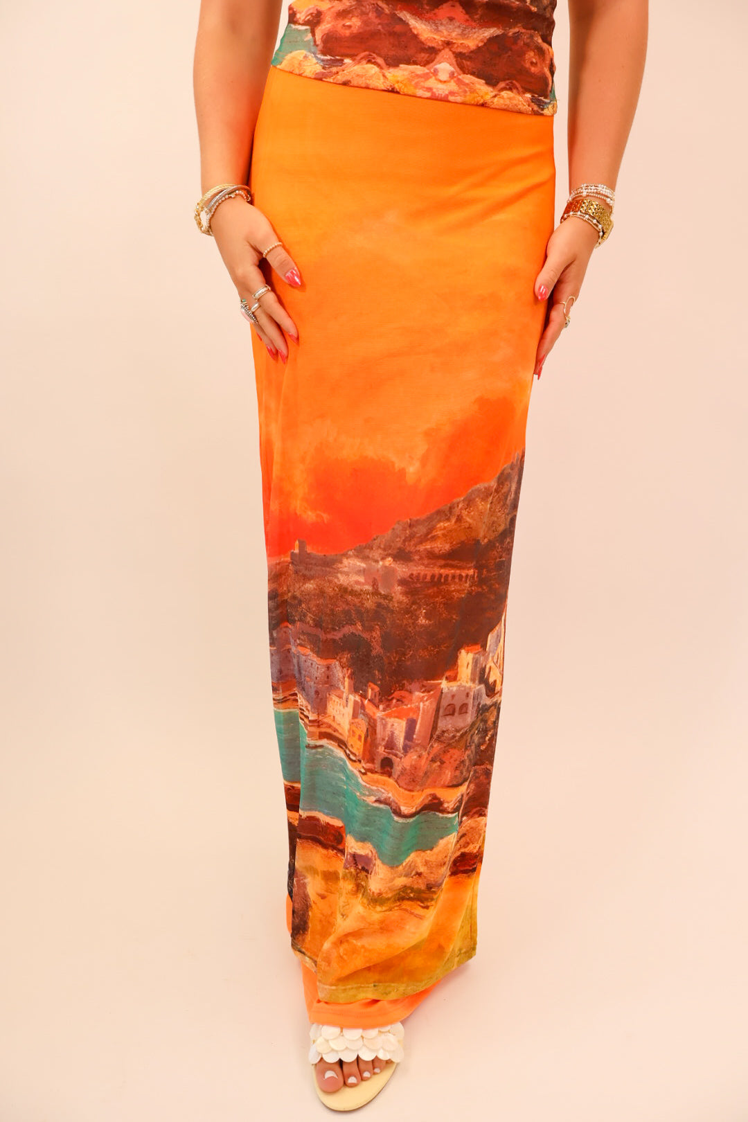 Sunset Scene Midi Skirt Set