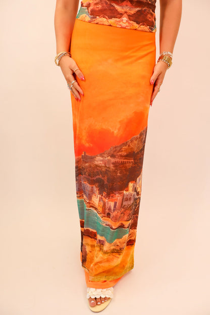 Sunset Scene Midi Skirt Set