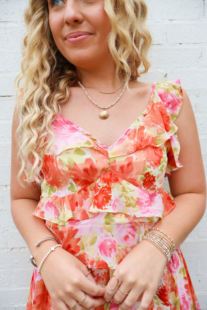 Coral Floral Chiffon Ruffle Skirt Set