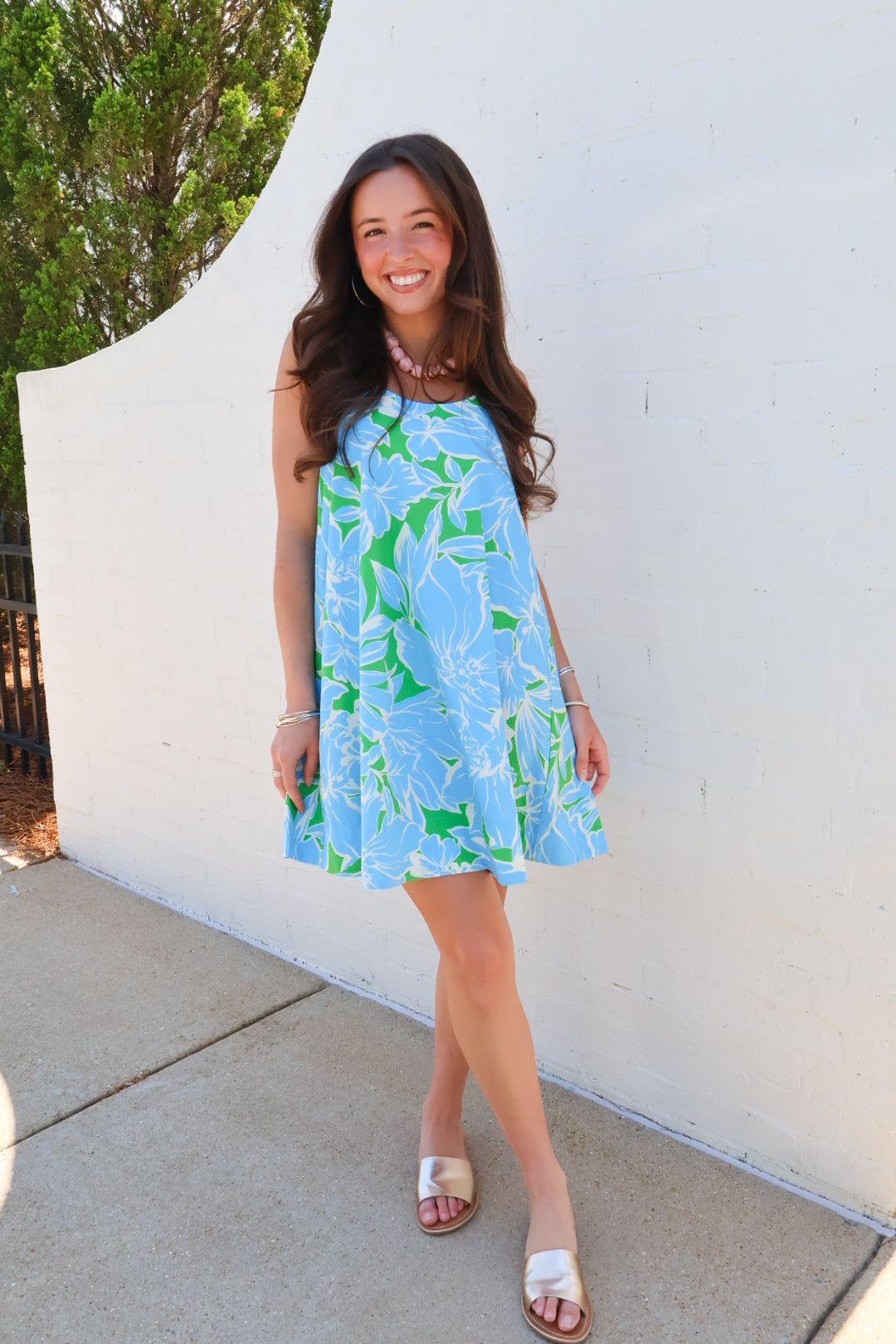 Green and Blue Floral Swing Dress