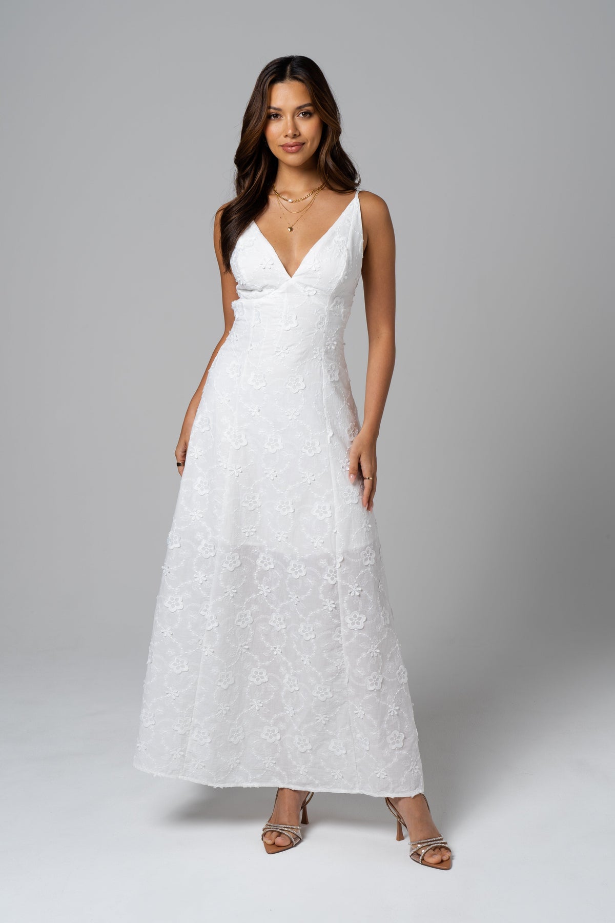 Adelaide White Embroidered Maxi Dress with Tie Back