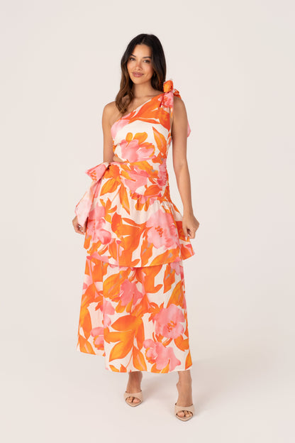 Baylee Pink & Orange Print One Shoulder Maxi Dress