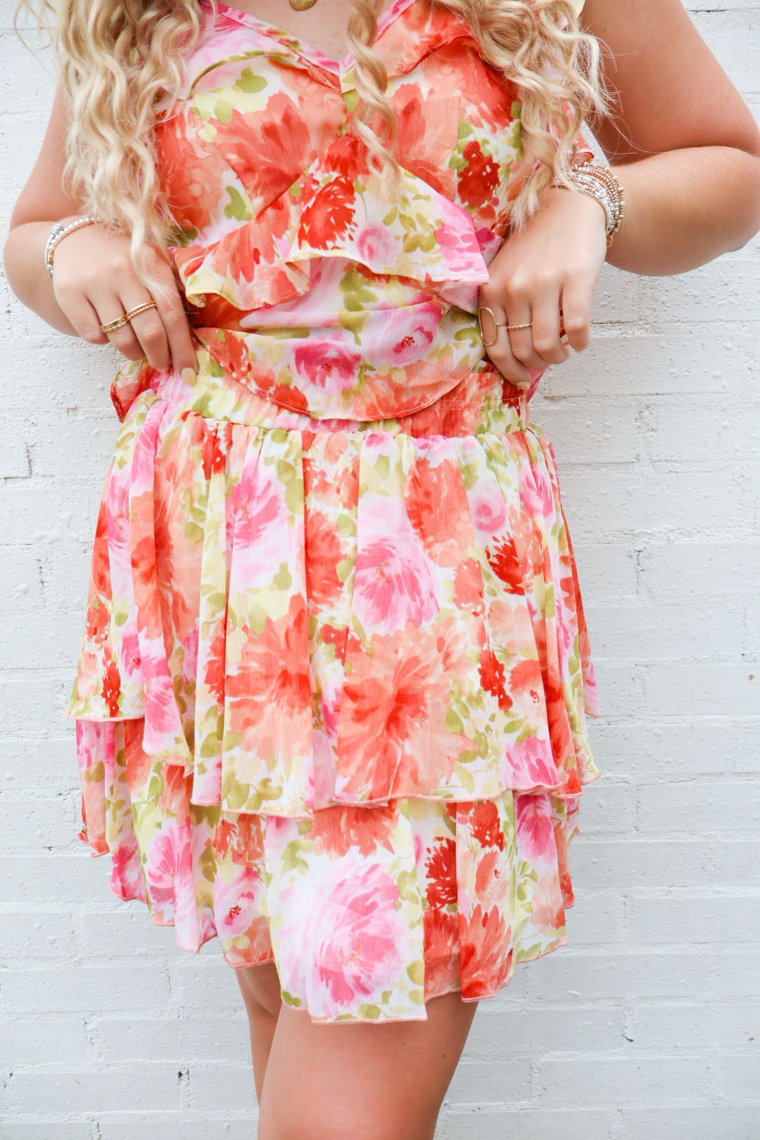 Coral Floral Chiffon Ruffle Skirt Set