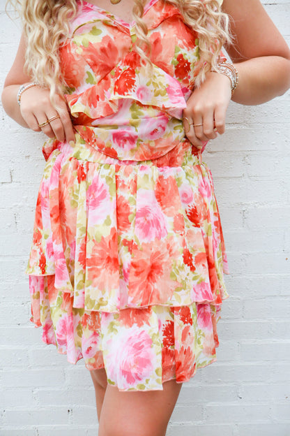 Coral Floral Chiffon Ruffle Skirt Set