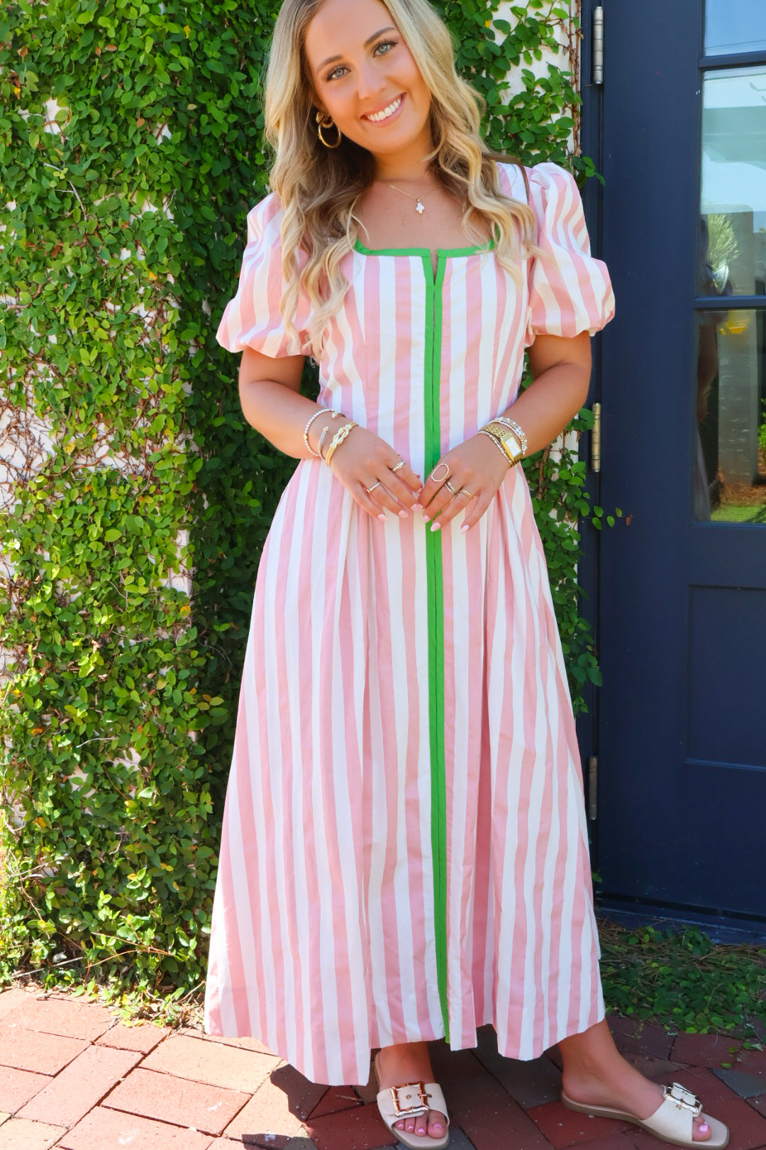 Pink & Green Striped Puff Sleeve Maxi Dress