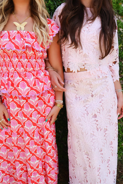 Blush Pink Floral Crochet Lace Crop Top and Maxi Skirt Set