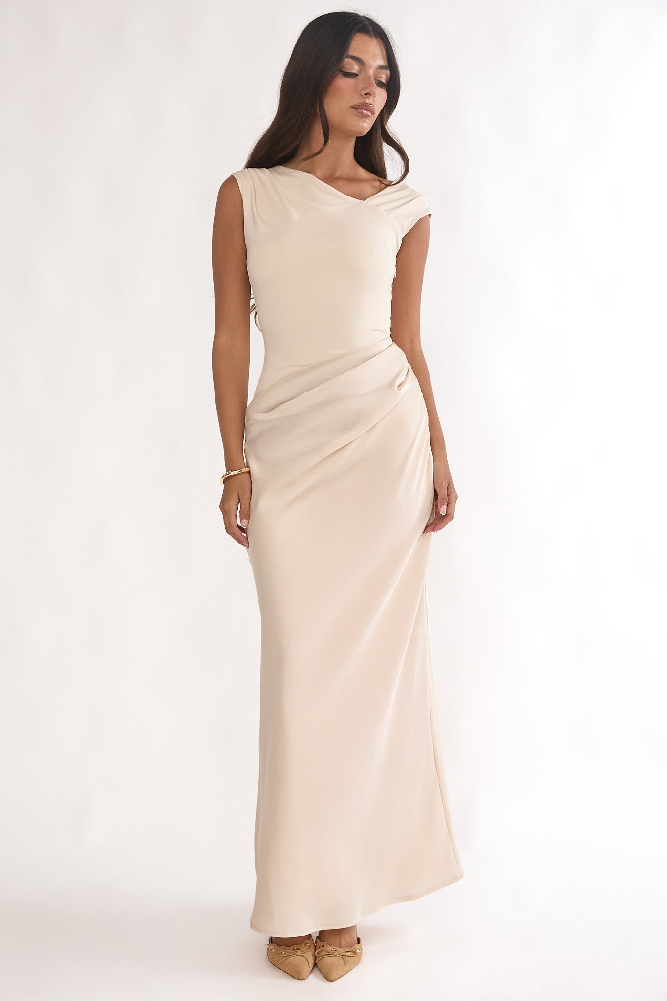 Brinelle Side Pleat Maxi Dress Ecru