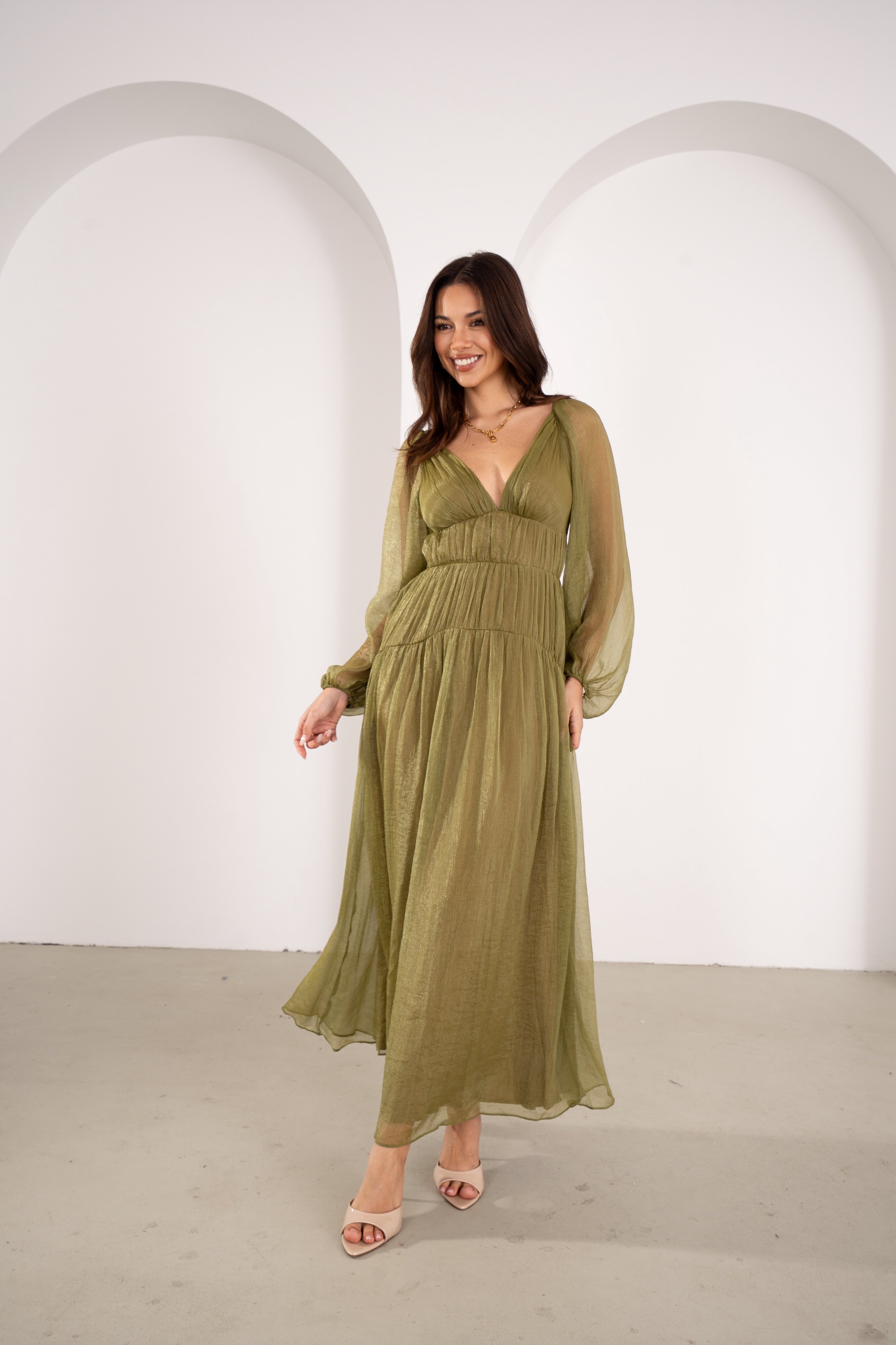 Cressida Olive Shimmer Long Sleeve Maxi