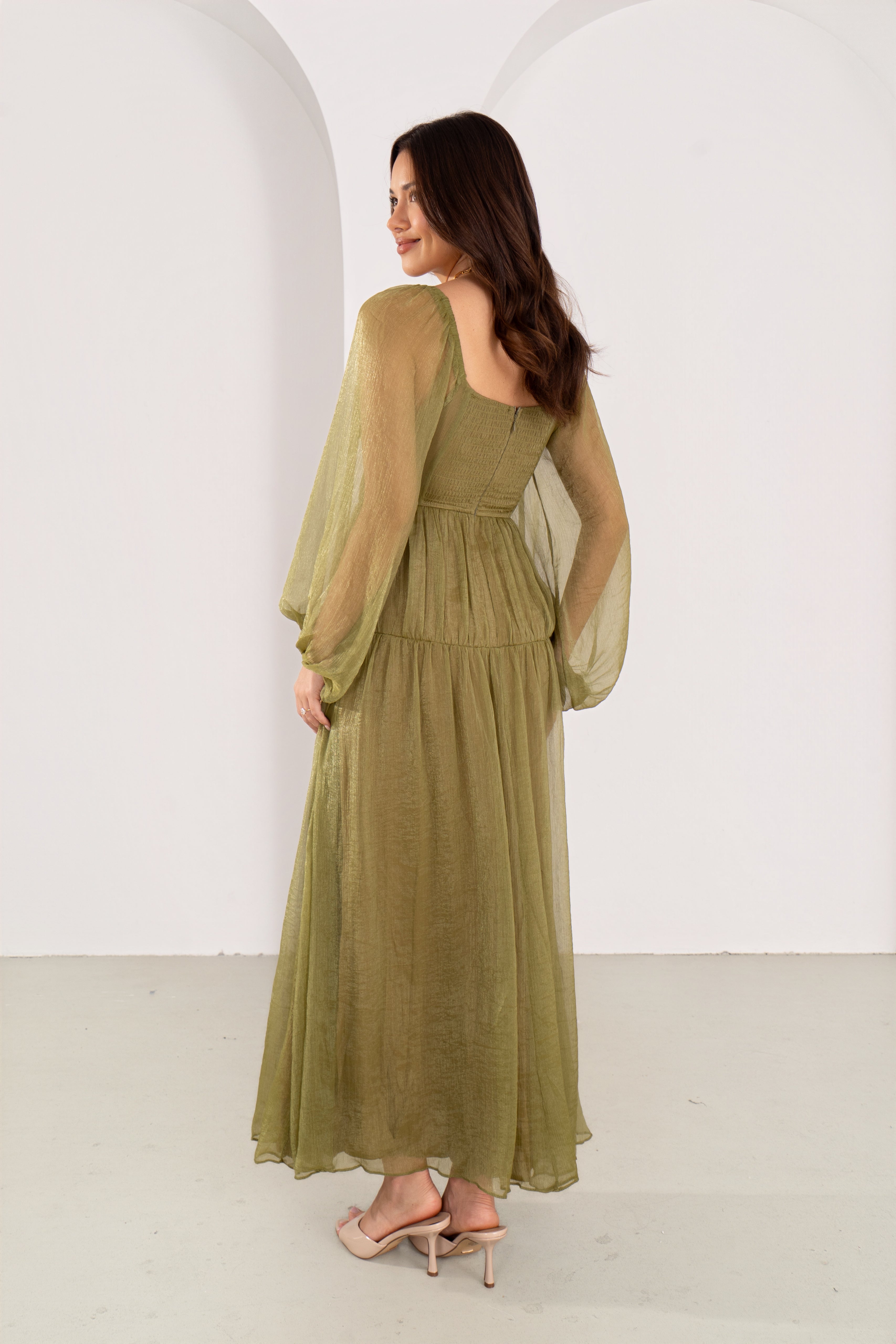 Cressida Olive Shimmer Long Sleeve Maxi