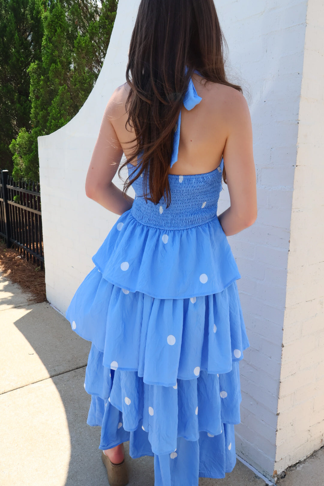 Blue Polka Dot Tiered Halter Midi Dress