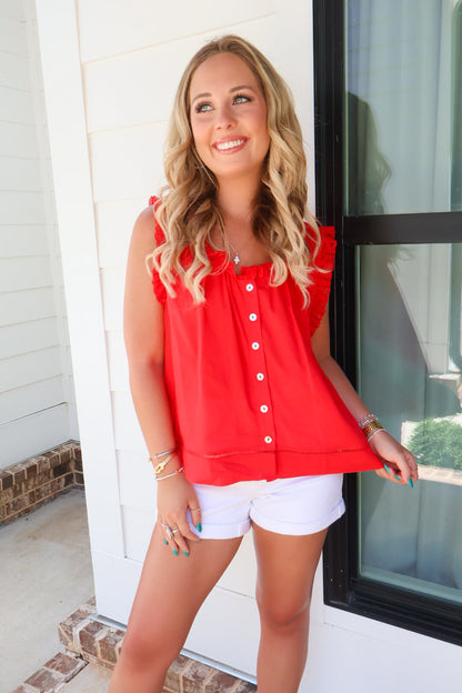 Red Lace Trim Button-Front Top
