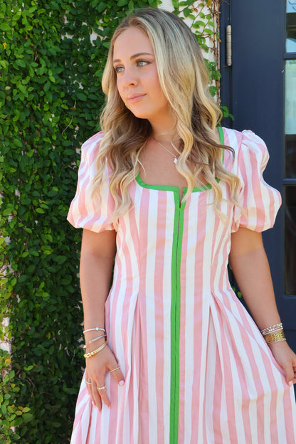 Pink & Green Striped Puff Sleeve Maxi Dress