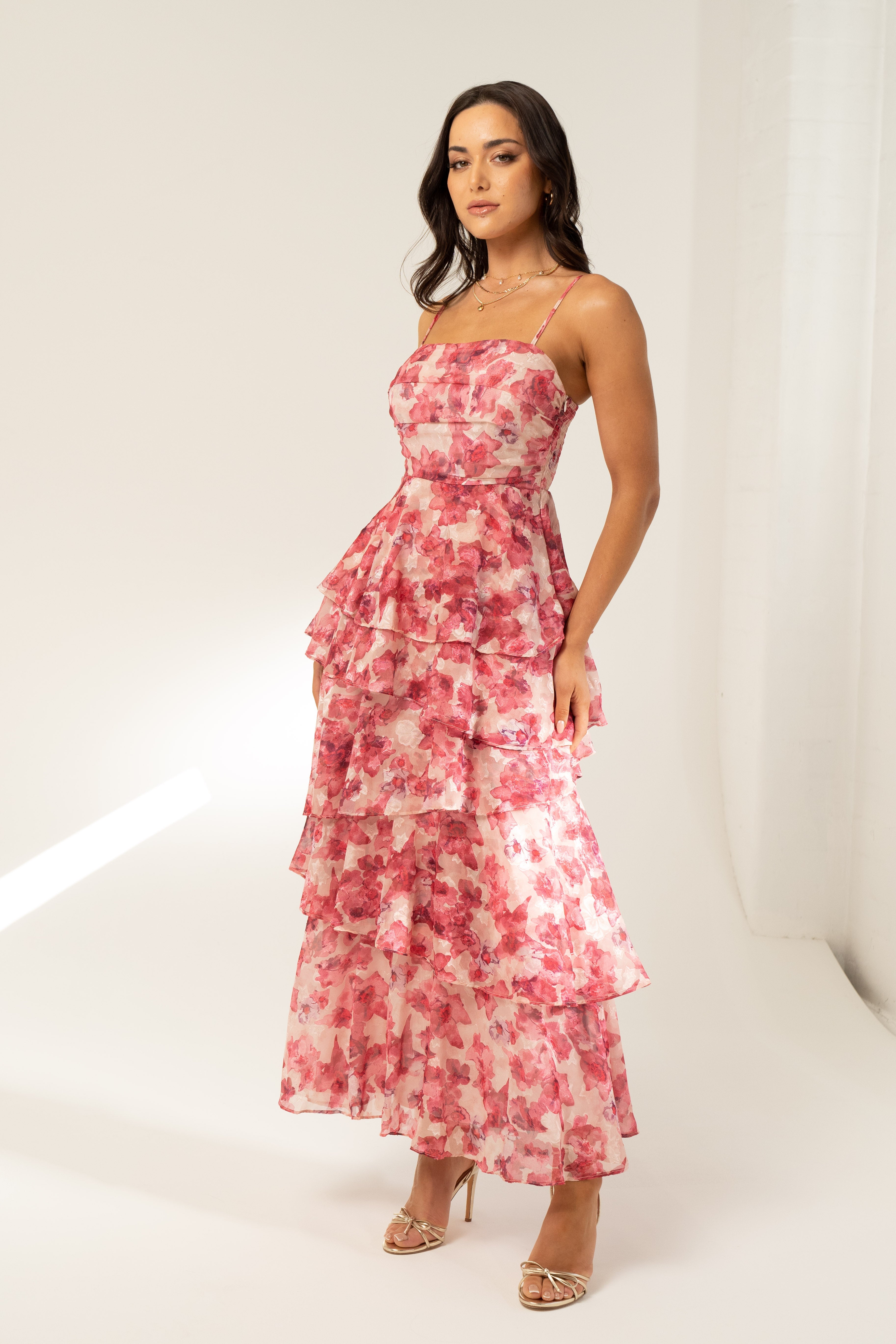 Emilia Pink Floral Tiered Maxi Dress