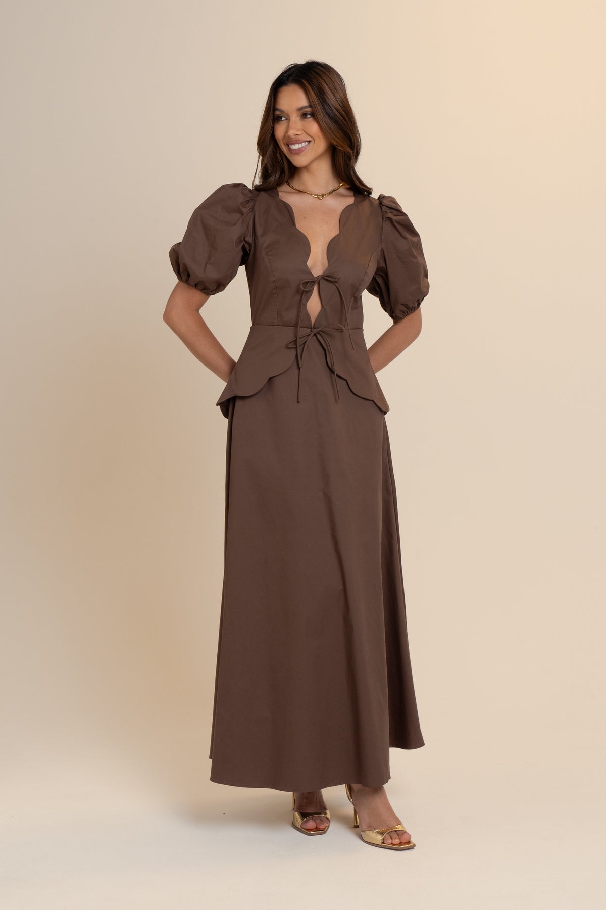 Andrea Scalloped Chocolate Maxi Dress
