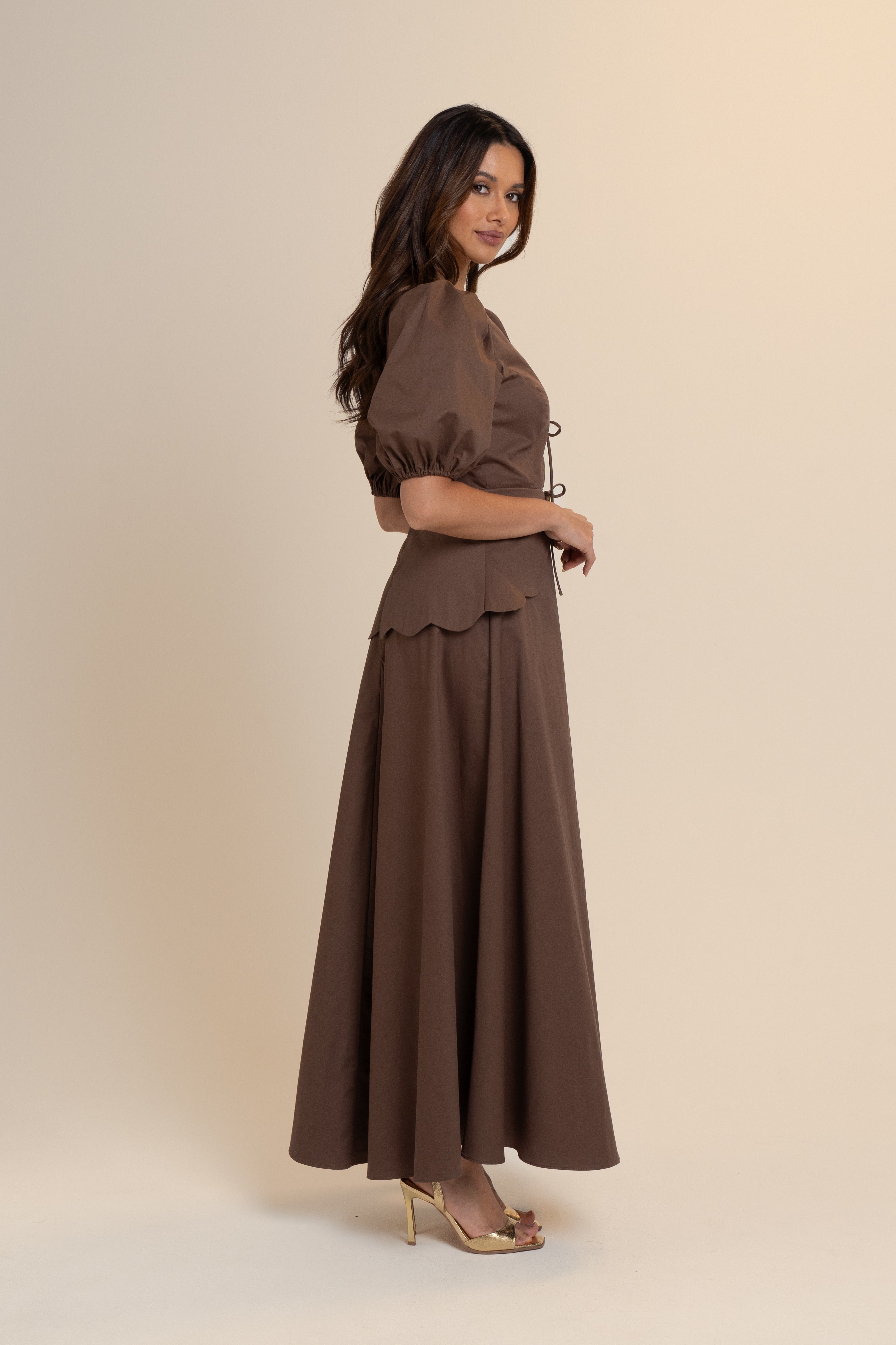 Andrea Scalloped Chocolate Maxi Dress